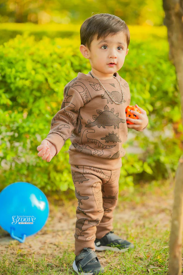 Fleece Fabric Brown Dinosaur Printed Kids Winter Suit ( Each )