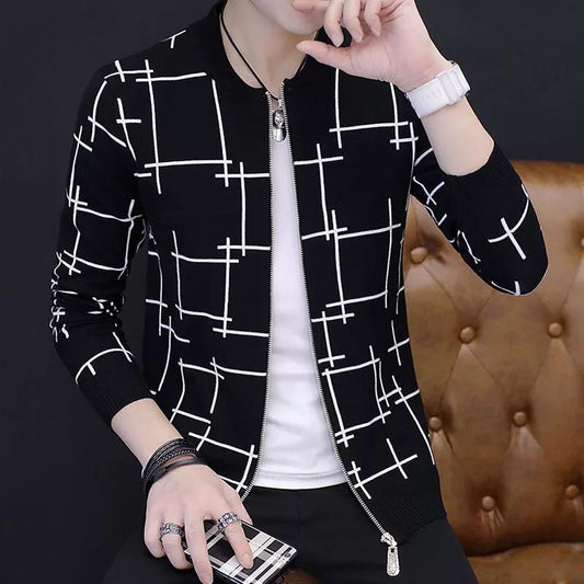 Men’s Black & White Geometric Print Zipper Jacket