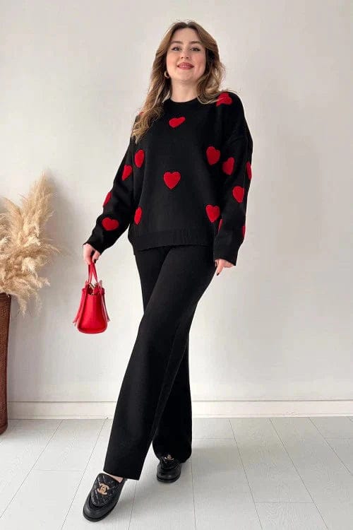 Winter Heart Printed 2 PC Co-Ord Set Black